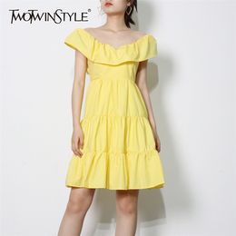 Ruffle Patchwork Summer Dress For Women Square Collar Short Sleeve High Waist Solid Dresses Female Fashion 210520