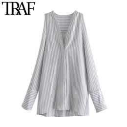 TRAF Women Sexy Fashion Hollow Out Striped Blouses Vintage V Neck Long Sleeve Female Shirts Blusas Chic Tops 210415