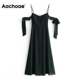 Vintage Solid Color Spaghetti Strap Women V Neck Bow Tie Backless Party Dress A Line Sleeveless Midi Dresses 210413