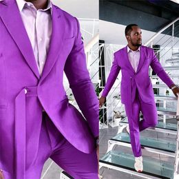 Summer Purple Customised Mens Wedding Tuxedos Peaked Lapel Slim Fit Groom Wear Dinner Prom Party Blazer 2 Pieces (Jacket+Pants)