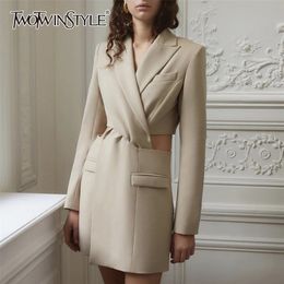 Hollow Out Casual Blazer For Women Notched Long Sleeve High Waist Mini Dresses Female Fashion Clothing 210520
