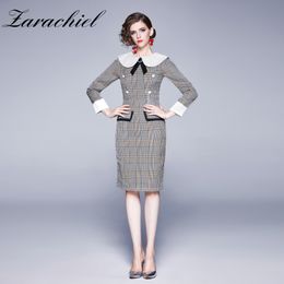 Spring Women Preppy Style Plaid Long Sleeve Peter Pan Collar Bow Dresses Runway Design Elegant Knee-Length Dress 210416