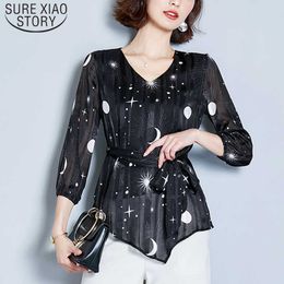 Casual Bow Women Seven-piece Sleeve Chiffon Blouses V-neck Women Clothing Printed Fashion Elegant Women Tops 5434 50 210527