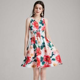 Runway Summer Sexy V-Neck Holiday Mini Dress Women's Elastic Waist Sleeveless Camellia Print Dresses 210529