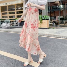 Women Chiffon Skirts Spring Summer Fashion Female Elegant Vintage Printed Floral Boho A-line Tutu Maxi Skirt Two Layers 210423