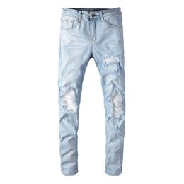 Fashion Light Blue Long Slim Black Jeans Desiger High Quality Patchworl Ripped Hole Demin Streetwear Pants for Men