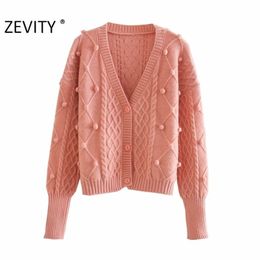 Women Fashion V Neck Ball Decoration Cardigan Knitted Sweater Ladies Long Sleeve Twist Chic Outwear Coat Tops S473 210420