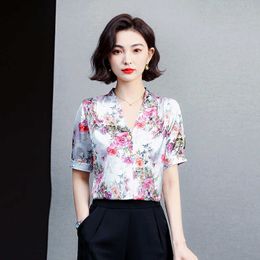 Summer Korean Fashion Silk Women Shirts Satin Office Lady White Short Sleeve Blouse Plus Size XXXL Green Ladies Tops 210531