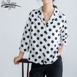 Silk Women Blouse Three Quarter Shirt Fashion Clothing Tops Vintage Chiffon Satin Polka Dots 5260 50 210521