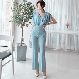 arrival women high quality temperament fashion two piece suit Office Lady slim batwing sleeve Crop Top+Long pant suits 210529