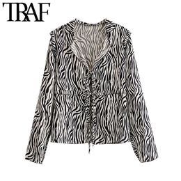 TRAF Women Fashion With Tied Animal Print Blouses Vintage V Neck Long Sleeve Female Shirts Blusas Chic Tops 210415