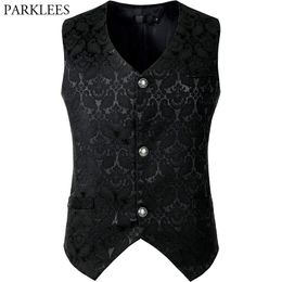 Floral Jacquard Black Vest Men Wedding Groom Slim Fit Sleeveless Waistcoat Mens Punk Rock Medieval Steampunk Gilet Costume 3XL 210522