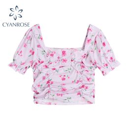 Sweet Style Crop Women's Blouses Summer Short Sleeve Square Collar Floral Print Draped Shirts Female Loose Summer Korean Ins Top 210417