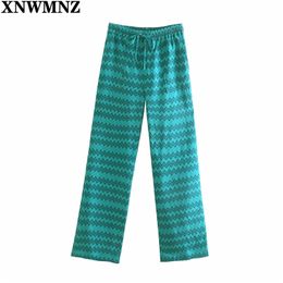 women printed trousers women's high-waist adjustable drawstring elastic waistband pocket wide-leg full length pants 210520