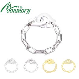 Moonmory Fashion 925 Sterling Silver Handcuff Ring White Paper Clip Chain Menottes Gift For Women And Men Jewellery Dating 220211