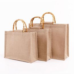 Storage Bags Jute Shopping Bag Old-Fashioned Bamboo Handle Portable Shopper Exquisite Natural Gift With Waterproof Film