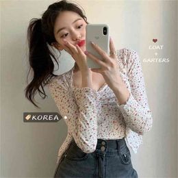 Sweet Floral Thin Coat Short Strap Bottoming Shirt Two-Piece Women 210529
