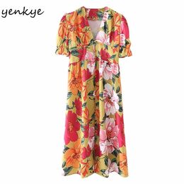 Summer Dress Women Multicolor Floral Print Female V Neck Short Sleeve Sundress Vestido High Waist Casual 210514