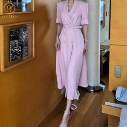 Korea Chic Double-Breasted Summer Dresses Women's Short-Sleeved Pink Long Dress Vestidos With Belt 210520