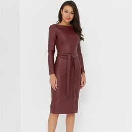 Pu Leather Sexy Bodycon Dress Sashes Sheath Slim Long Sleeve Winter Bandage Dress Elegant Fashion Party Night Club 210915