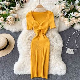 SINGREINY Women Knitted Pencil Dress Design Drawstring V Neck Short Sleeve Slim Dresses Summer Korean Streetwear Short Dress 210419