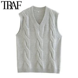 TRAF Women Fashion With Ribbed Trim Loose Cable-knit Vest Sweaters Vintage V Neck Sleeveless Female Waistcoat Chic Tops 210415