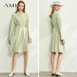 Spring Straight Shirt Dress Women Elegant Solid Turn-down Collar Belt Loose Female Mid Long Dresses 12040081 210527