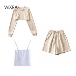 Wixra Womens Basic Short Sweatshirts Sets Cotton Street Style O Neck Spring Summer Casual Pullovers Tops 210728