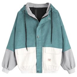 Autumn Women Coats Corduroy Patchwork Oversize Zipper Jackets Windbreaker And Jacket Baseball-Uniform Clothes 211029