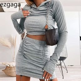 Ezgaga 2 Piece Set Women Casual Long Sleeve Hoodies Drawstring Solid Mini Skirt Thin Autumn Clothes Sexy Tops Two Piece Outfits 210430