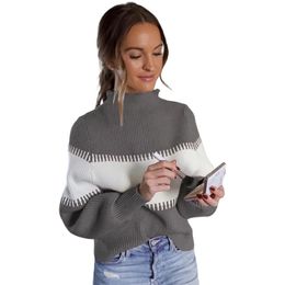 Color-block Knitted Turtleneck Sweater Women Autumn Winter Ladies Korean Striped Sweaters Female Jumper Womens Pullovers 210604