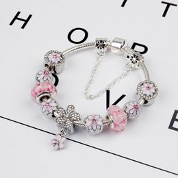 925 Sterling Silver Pink Murano Glass Beads Charm Cherry Blossom Bracelet Chain Fit P European Bracelet Jewellery Making Bangle DIY Daisy Pendant Women1663967