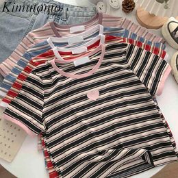 Kimutomo Color Matching Knitted T-shirt Girls Heart Embroidery O-neck Short Sleeve Clothes Female Summer Korean Top Casual 210521