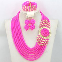 Earrings & Necklace Fuchsia Pink African Wedding Bridal Jewelry Sets 7 Layers Nigerian Crystal Beads Necklaces AIJ023