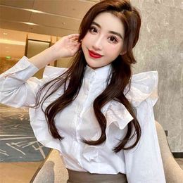 Korean Fashion Stand Collar Long Sleeve Ruffles Shirts Women White Casual Loose Blouse Blusas 210519