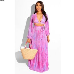 Women Two Piece Set Top And Skirt Long Sleeve Stripes Deep V-neck Crop Loose Beach Maxi Skirts Bandage Casual Suit Sarongs