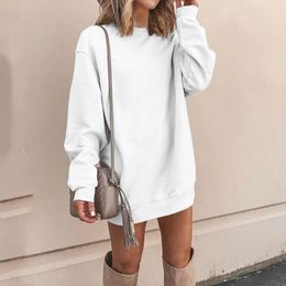 Autumn Winter Women's White Dress Fashion Long-sleeved Mid-long Guard Casual With Round Neck Dresses Tops Robe Femme