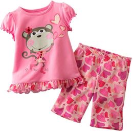 Summer Girls Clothes Suit Pink Monkey Outfits Children Blouse Pants 2-Pieces Set Baby Girl Pyjamas T-Shirt Tops Trouser Cotton 210413