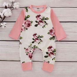 Spring and Summer Fresh Floral Long-sleeve Jumpsuit in Pink for Baby Girl One Pieces Jumpsuits Clothes 210528