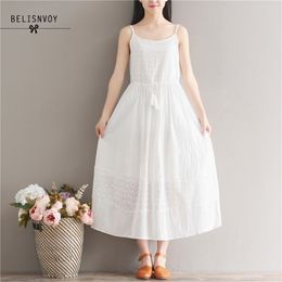 Summer Women Sleeveless Dresses Spaghetti Strap Embroidery Cotton Linen Mori Girl Long White Vestidos 210520