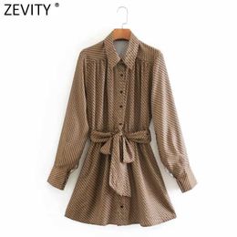 Zevity Women Vintage Turn Down Collar Geometric Print Bow Sashes Shirt Dress Femme Long Sleeve Breasted Vestido Cloth DS4671 210603