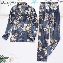 Spring Autumn Women's Pijamas Silk Satin Pyjamas Set Long Sleeve and Trouser Pyjamas Suits Sleepwear Loungewear Female Mujer 211105