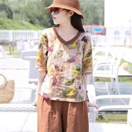 Arrival Summer Women T Shirt Plus Size Half Sleeve V-neck Loose Tee Vintage Leaf Print Tshirts Tops Femme D21 210512
