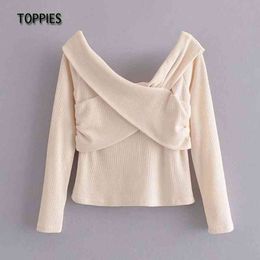 Toppies Sexy Off Should Blouses Tops Women V-neck Criss Cross Elegant Ladies Tops Slim Party Clothes 210412