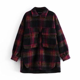 Vintage Woman Loose Red Plaid Patchwork Thick Shirt Coat Winter Fashion Ladies Warm Outwear Female Christmas Jackets 210515
