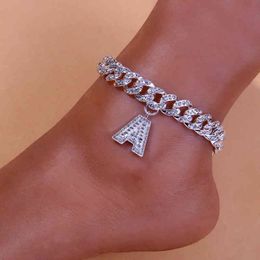 Miami Punk A-Z Letter Anklets for Women Men Crystal Chunky Whole Alphabet Cuban Link Anklet Bracelet Jewellery Iced Out