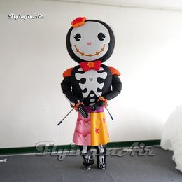 Personalised Funny Walking Inflatable Skull Girl Costume 2.5m High Skeleton Dress Blow Up Zombie Girls Suit For Halloween Parade Show