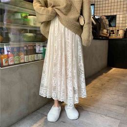 Alien Kitty Elastic High Waist Lace Skirts Spring Autumn Korean Elegant Casual A-line Black Long Skirt Female 210730