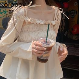 Korobov New Fashion Sweet Kawaii Women Blouses Vintage Elegant Slash Neck Female Shirts Korean Off Shoulder Sexy Blusas 210430