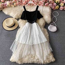 Summer Style Suspender Dress Female Fashion Temperament Irregular Mesh Stitching Strapless with Short Sleeves UK658 210506